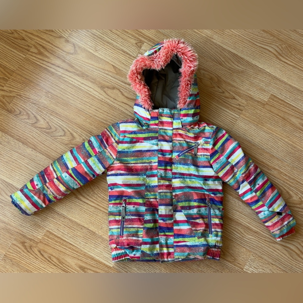 Spyder Girls Multicolor Striped Winter Jacket with Coral Fur Trim